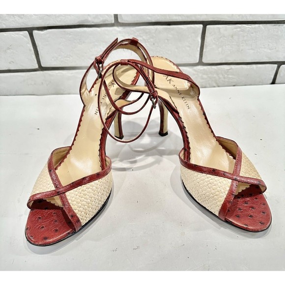 Anne Klein Women 7. 5M Straw Weave Open Toe Ankle Strap Heels Maroon Leather‎ - Picture 1 of 9